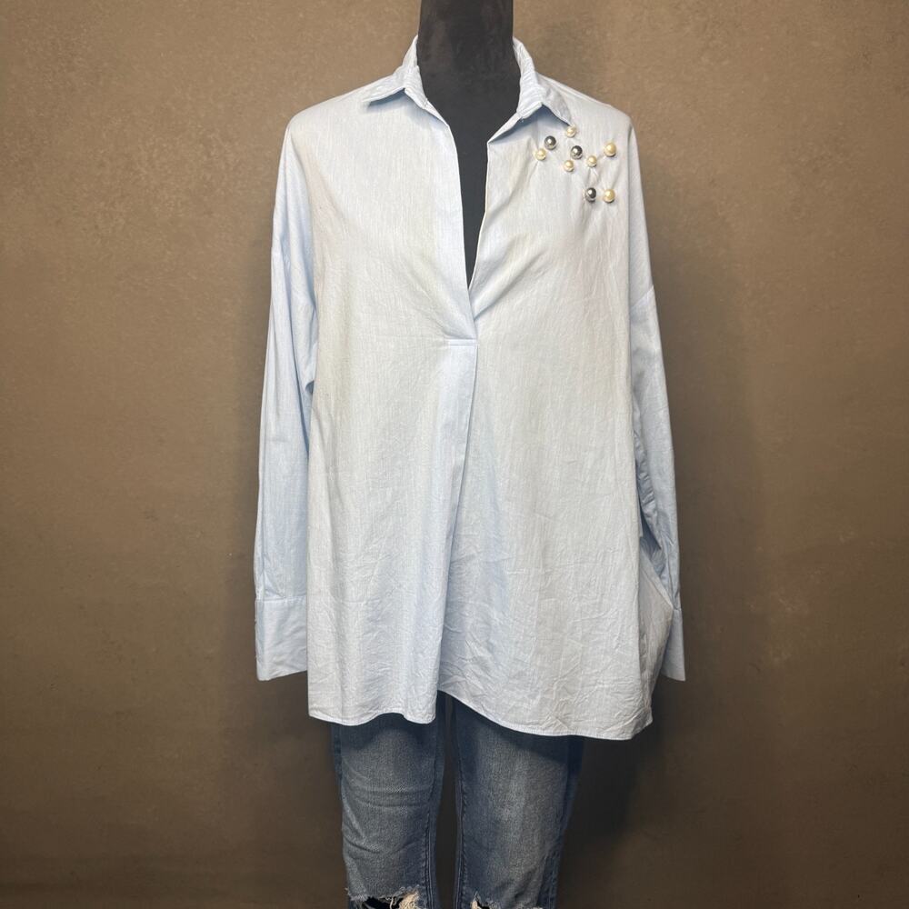 Zara Woman Light Blue Pearl Embellished Tunic Blouse Size M | Statement Buttons